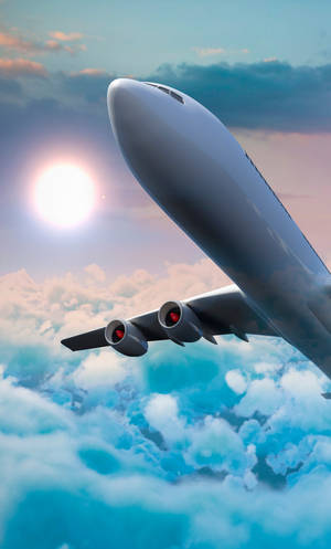 飛機在雲層上方飛行，太陽在天空中明亮地照耀。