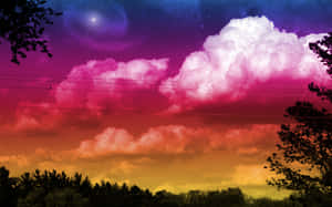 戲劇性的日落天空，粉紅色雲彩被樹木剪影和電線框住。 — 插畫 壁紙