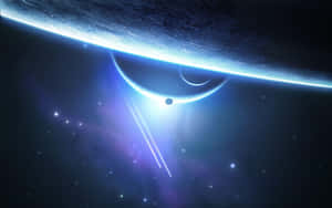 一顆藍色行星，有兩個衛星和發光的光束，在繁星點點的宇宙場景中。