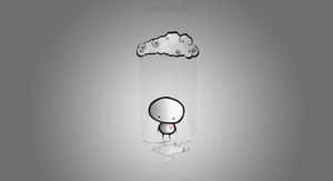 一個簡單的卡通人物帶著心形，站在一朵向水坑下雨的雲下。