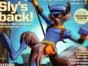 Sly Cooper 狐狸穿著藍色服裝和帽子，在明亮的藍天下動態跳躍，帶有雜誌文字疊加。