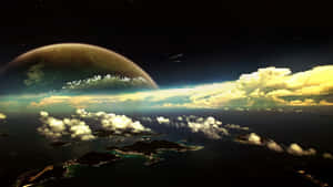 黃昏時分的行星地平線，發光的雲層和下方的島嶼。 — 史詩 壁紙