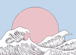 風格化的波浪插圖，帶有粉紅色太陽和藍色天空。 — 日式波浪 壁紙