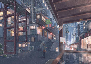 夜晚在積雪的日本街道上撐傘行走的人，有燈籠和建築。