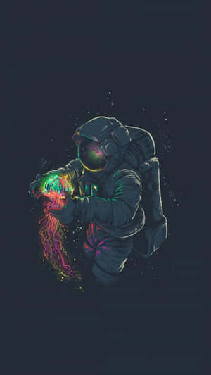 太空人在太空中拿著發光的霓虹水母