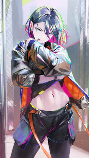動漫女孩穿著霓虹服裝站在未來城市小巷
