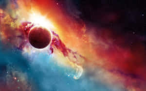 行星在多彩宇宙星雲中發光，伴有星星 — 太空 壁紙
