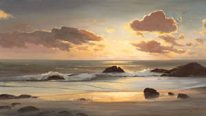 夕陽下的海洋，海浪拍打岩石海灘