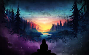 一個人在星空下暮色中的森林裡冥想的剪影。