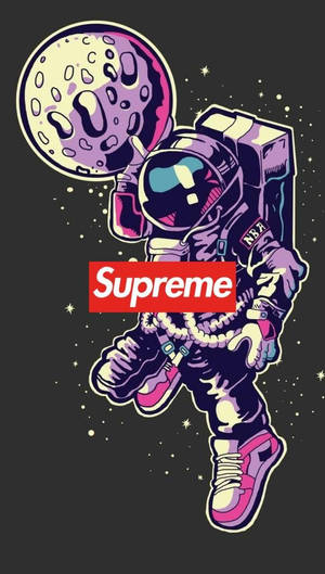 一個卡通太空人在太空中手持一個有Supreme標誌的月球。