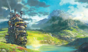 蒸氣龐克飛船在湖邊草地上，附近有山脈 — 城堡 壁紙