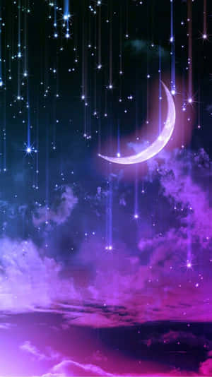 一彎新月和流星在紫色和藍色的夜空中發光。