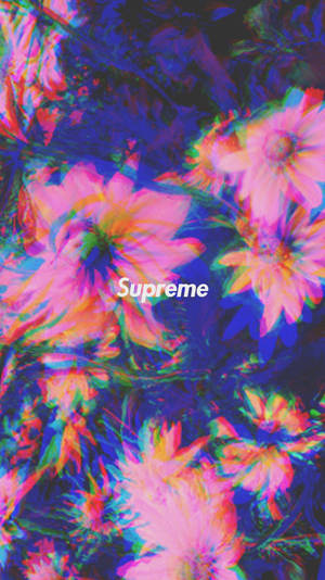 霓虹粉紅和藍色花朵的故障藝術，帶有 Supreme 標誌。