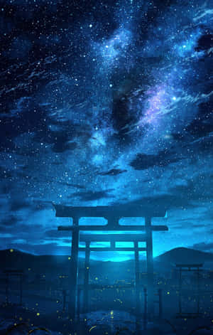 在星空下與螢火蟲一同閃耀的藍色鳥居。