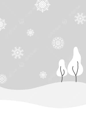 灰色背景上，兩棵風格化的雪中樹木和飄落的雪花。