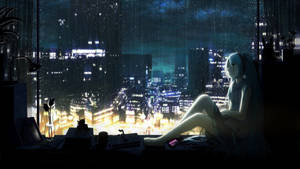 動漫女孩坐在窗邊觀看雨夜城市