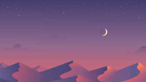 星空和彎月下的紫色山脈。
