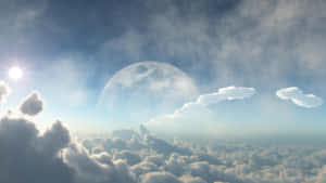 太陽和月亮在夢幻般的天空中照耀著廣闊的雲海。