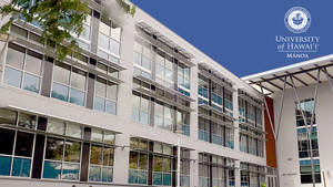 現代大學建築，配有玻璃窗和樹枝，背景是藍天。