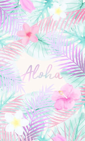熱帶水彩設計，粉紅色花朵和棕櫚葉圍繞「Aloha」字樣。