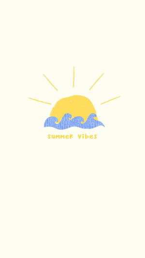 黃色太陽帶光線在藍色波浪上方，奶油色背景上有summer vibes文字