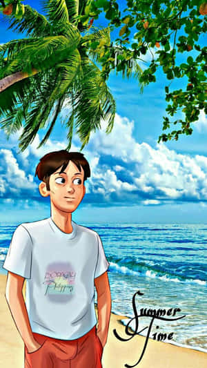 年輕男子在棕櫚樹下的熱帶沙灘上，伴隨著海浪