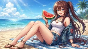 動漫女孩在陽光海灘上享受西瓜，有棕櫚樹和大海。