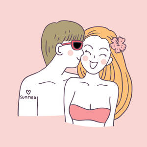 一對微笑的情侶戴著櫻花髮飾和夏日紋身接吻。 — 可愛情侶 GIF 壁紙