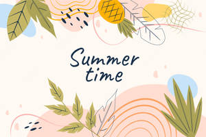 Summer time 文字被熱帶葉子和抽象形狀以柔和色彩環繞。 — 藝術 壁紙