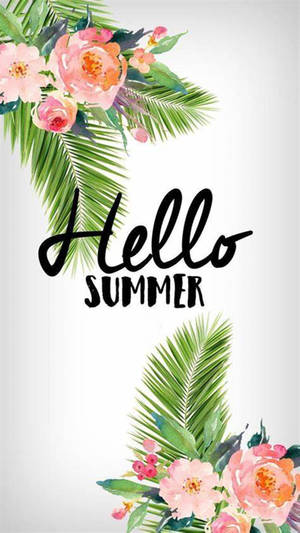 熱帶花卉設計，配有棕櫚葉和「Hello Summer」文字。 — 花卉動畫 壁紙