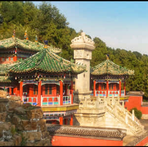 古老的中式寺廟建築群，擁有華麗的屋頂和紅色柱子，四周環繞樹木。 — 樹 壁紙