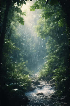 陽光穿過雨林樹冠，照射在被茂密綠葉環繞的湍急溪流上。 — iPhone 4 壁紙
