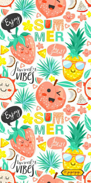 色彩繽紛的卡通水果戴著太陽眼鏡，夏日文字以俏皮圖案呈現。