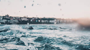 海浪在暮色中帶著漂浮的水滴沖向海岸小鎮附近。