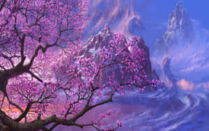 紫色櫻花在暮色中對著雪山盛開。 — 淺粉紅色美學動圖 壁紙