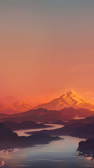日落時分的山湖，星星在天空中出現。