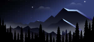 夜晚的山景，有松樹和星星