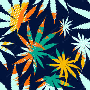 在深藍色背景上，大膽多彩的大麻葉圖案，帶有磨損紋理。