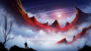 一個孤獨的探險家在星空下以發光的外星山脈為背景的剪影。