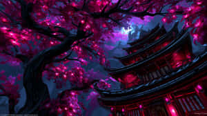 一棵發光的粉紅色櫻花樹在神秘紫色天空下襯托著傳統紅色寶塔。 — 樹 壁紙