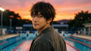 日落時穿著外套的年輕男子站在游泳池旁