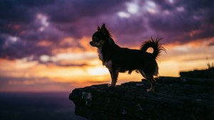 一隻小狗在日落時站在懸崖邊，身後是色彩繽紛的天空。