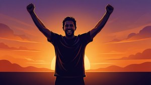 男人在夕陽下高舉雙臂歡呼