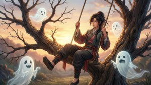 日落時分，年輕男子在鞦韆上與漂浮的幽靈