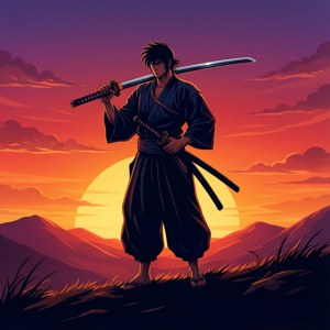 武士手持劍，以日落山脈為背景