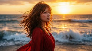 夕陽沙灘上紅裙女子風中秀髮飄揚