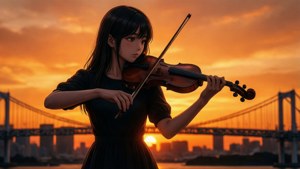 年輕女性在日落時分靠近橋樑和城市天際線拉小提琴。