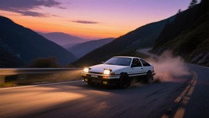 白色豐田AE86在日落山路上飄移，伴隨煙霧和橙色光芒