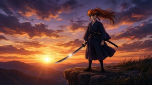 紅髮武士戰士站在懸崖邊，日落時分手持劍。