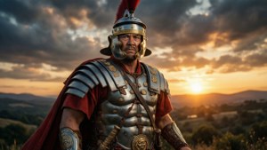 全副武裝的羅馬士兵在日落時分站在山丘上。